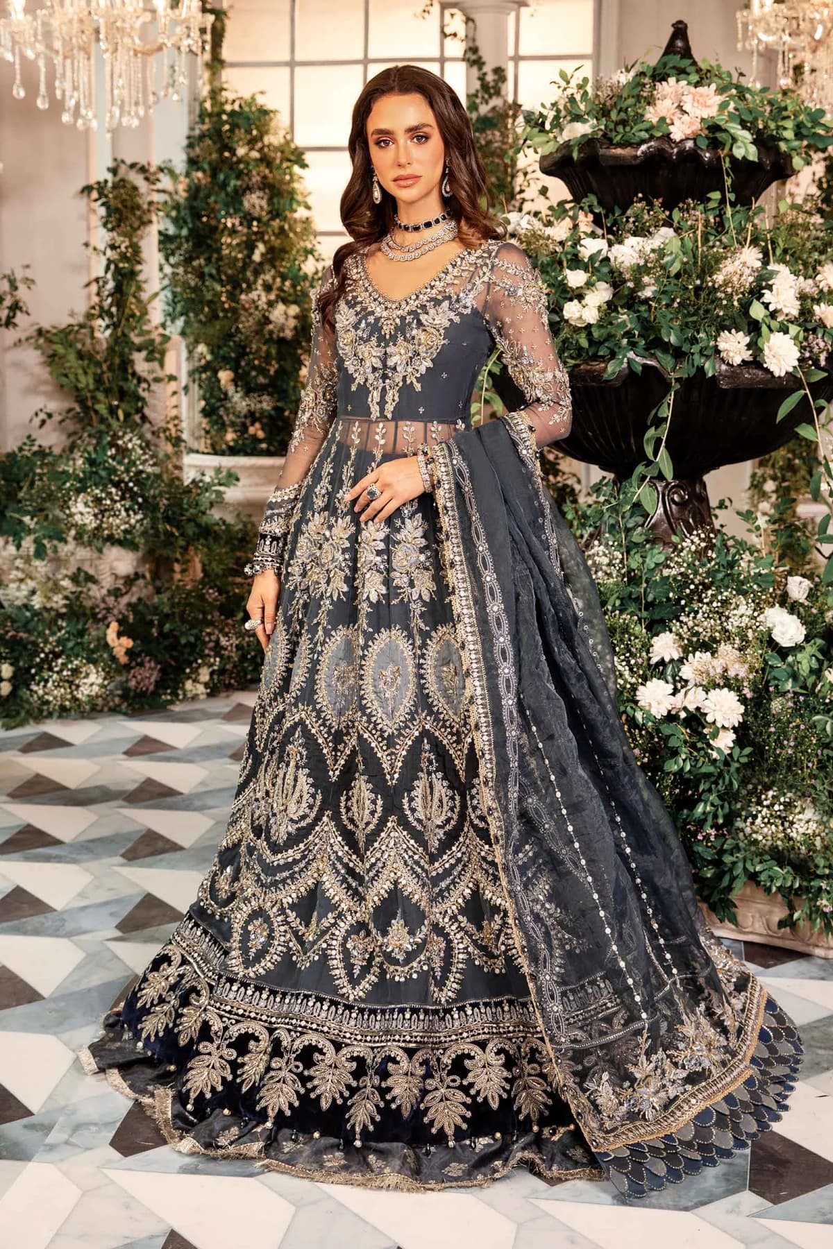 Maria B BD-2901 Hand Embellished Organza Flared Suit | IQNAZ