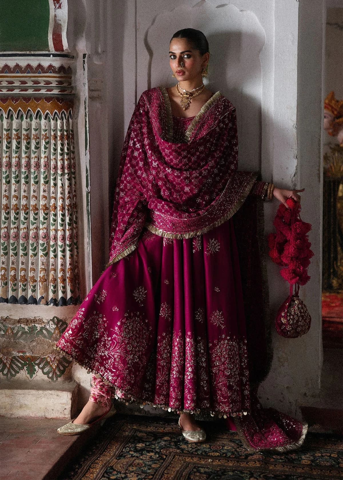 Hussain Rehar Gul Hand Embellished Organza Party Wear Suit - Model Front Look | Pakistani Designer Replica Wholesale | IQNAZ
