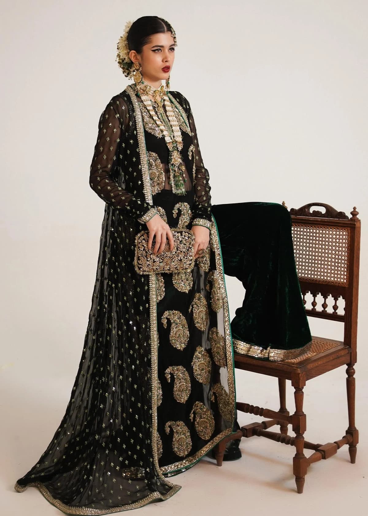 Hussain Rehar Hand Embellished Organza Party Wear Suit - Model Front Look | Pakistani Designer Replica Wholesale | IQNAZ