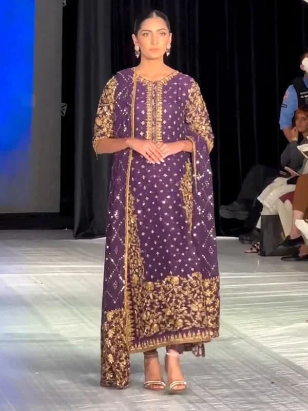 Haris Shakeel Hand Embellished Chiffon Party Wear Suit – Model Front View Haris Shakeel Hand Embellished Chiffon Party Wear Suit - Model Front Look | Pakistani Designer Replica Wholesale | IQNAZ