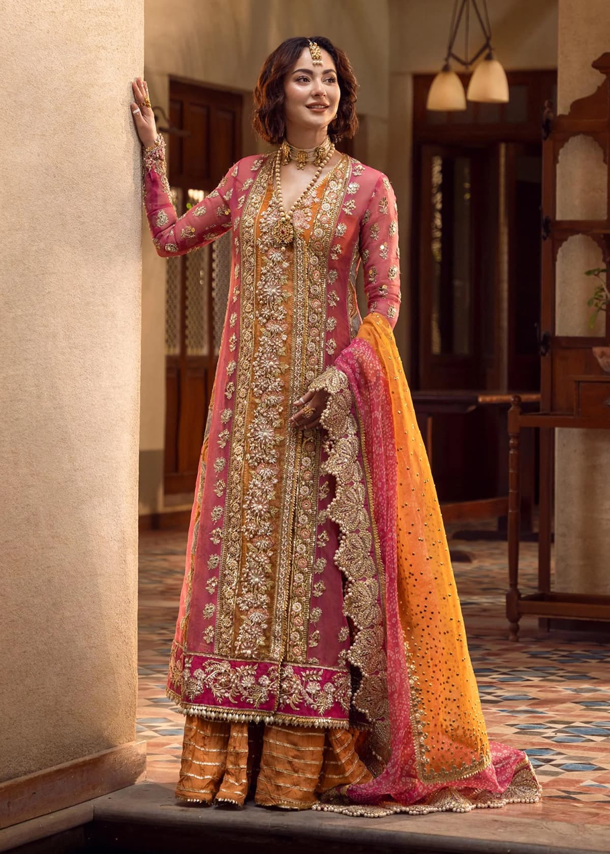 Crimson Mehndi Galore Embroidered Organza Party Wear Suit – Model Front View Crimson Mehndi Galore Embroidered Organza Party Wear Suit - Model Front Look | Pakistani Designer Replica Wholesale | IQNAZ