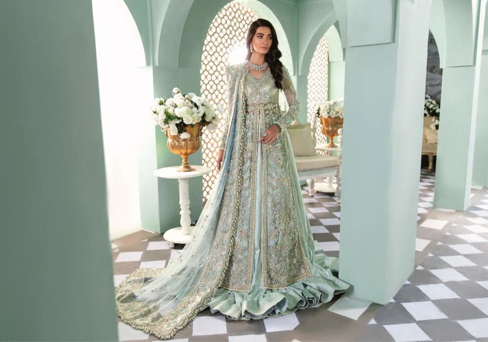 Republic Womens Wear B-13 Hand Embellished Raw Silk Bridal Lehenga – Model Front View Republic Womens Wear B-13 Hand Embellished Raw Silk Bridal Lehenga - Model Front Look | Pakistani Designer Replica Wholesale | IQNAZ