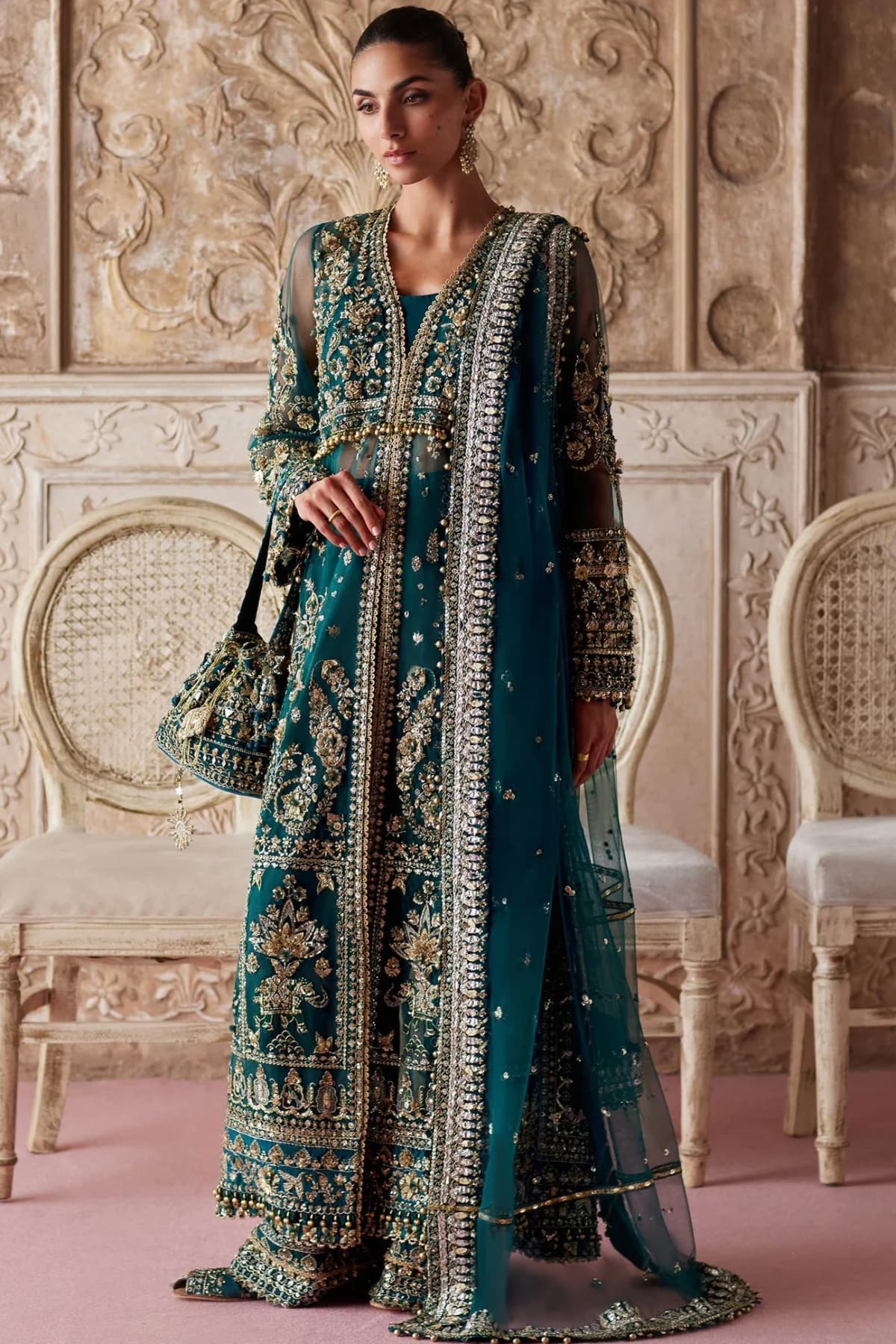 Zaha Aylin Hand Embellished Net Formal Frock – Model Front View Zaha Aylin Hand Embellished Net Formal Frock - Model Front Look | Pakistani Designer Replica Wholesale | IQNAZ