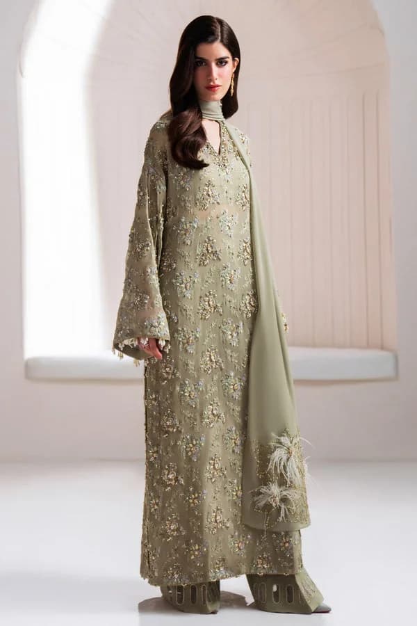 Maria B Clarte Embroidered Chiffon Party Wear Suit – Model Front View Maria B Clarte Embroidered Chiffon Party Wear Suit - Model Front Look | Pakistani Designer Replica Wholesale | IQNAZ