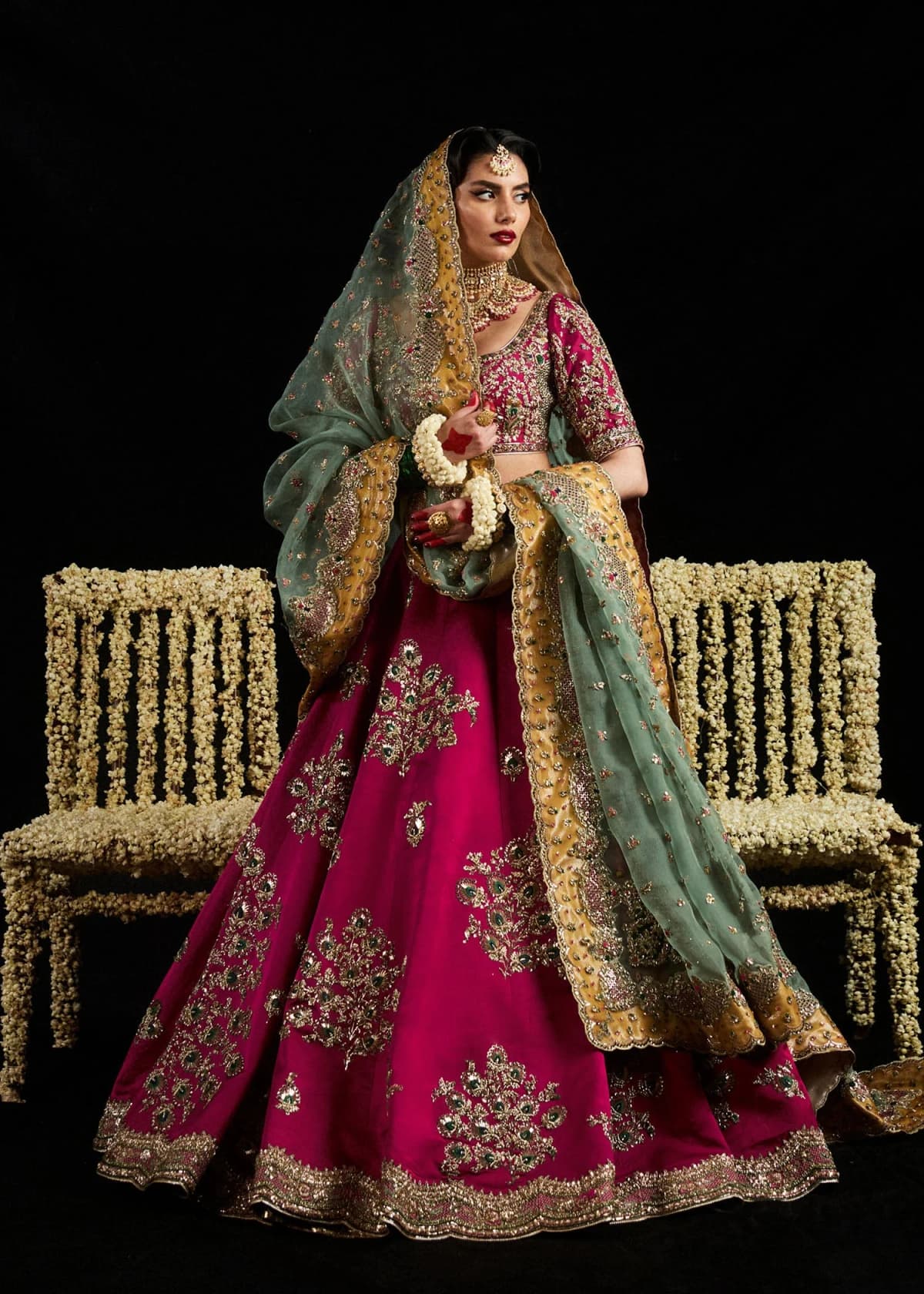 Hussain Rehar Laal Hand Embellished Organza Party Wear Suit – Model Front View Hussain Rehar Laal Hand Embellished Organza Party Wear Suit - Model Front Look | Pakistani Designer Replica Wholesale | IQNAZ