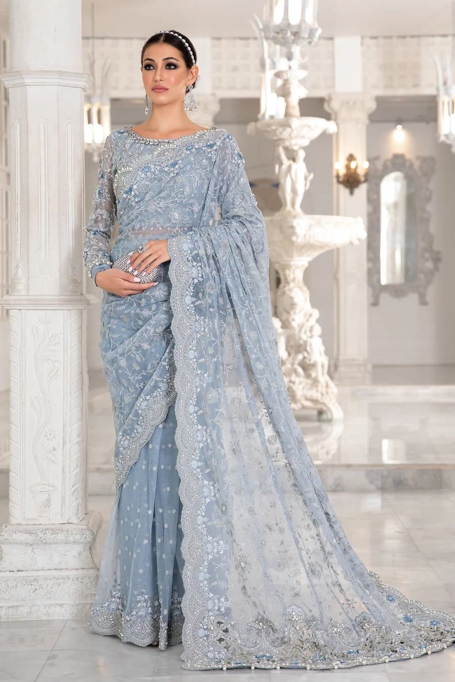 Maria B Embroidered Organza Party Wear Suit – Model Front View Maria B Embroidered Organza Party Wear Suit - Model Front Look | Pakistani Designer Replica Wholesale | IQNAZ