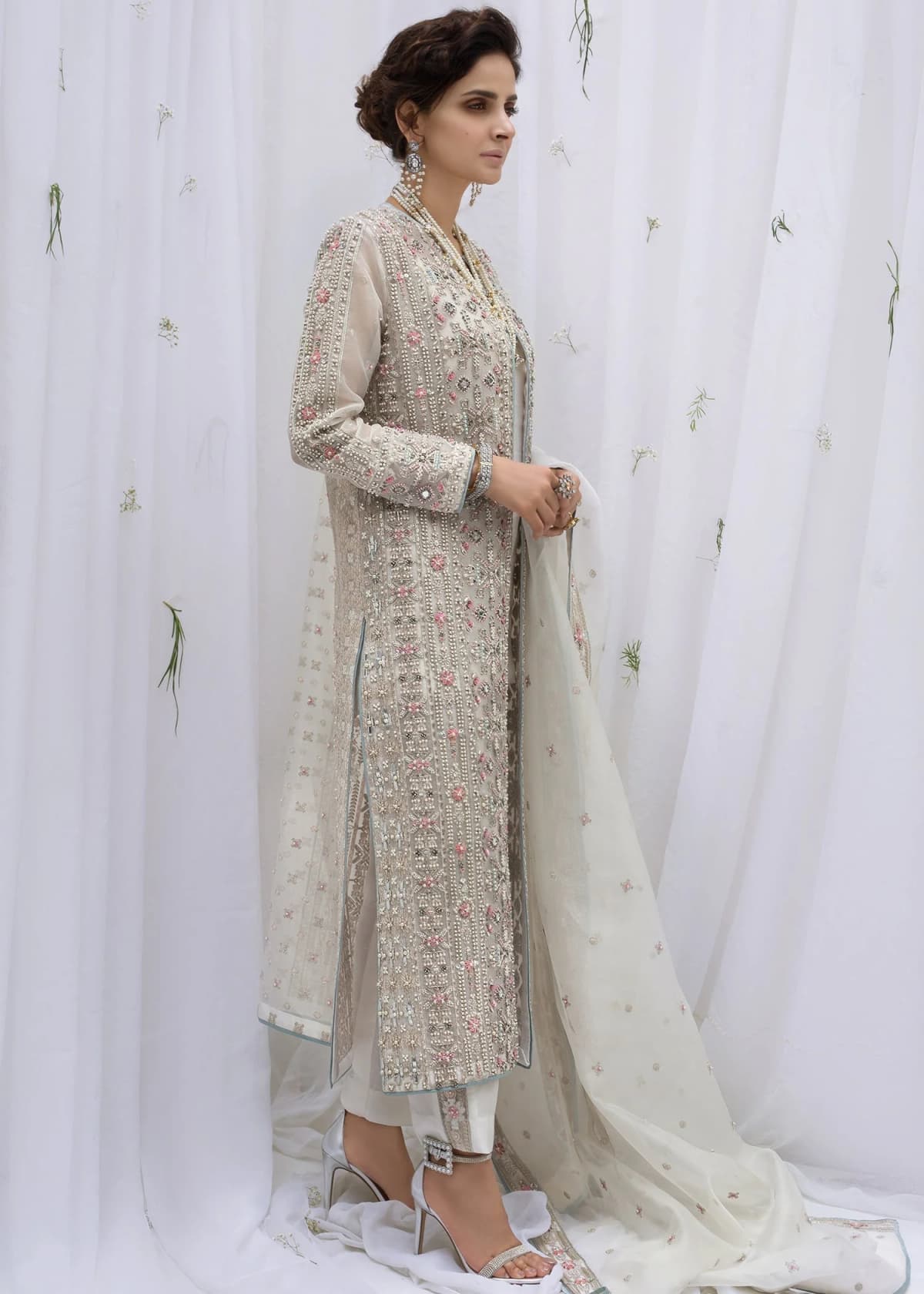Hussain Rehar Embroidered Organza Party Wear Suit – Model Front View Hussain Rehar Embroidered Organza Party Wear Suit - Model Front Look | Pakistani Designer Replica Wholesale | IQNAZ