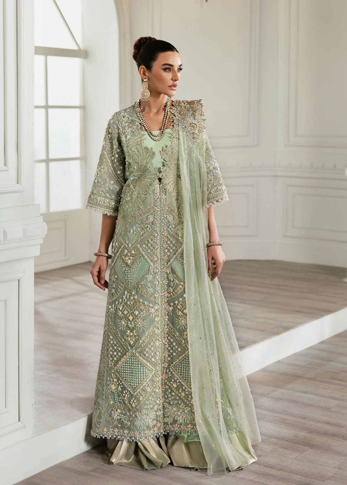 Republic Womens Wear Art Deco Embroidered Organza Party Wear Suit – Model Front View Republic Womens Wear Art Deco Embroidered Organza Party Wear Suit - Model Front Look | Pakistani Designer Replica Wholesale | IQNAZ