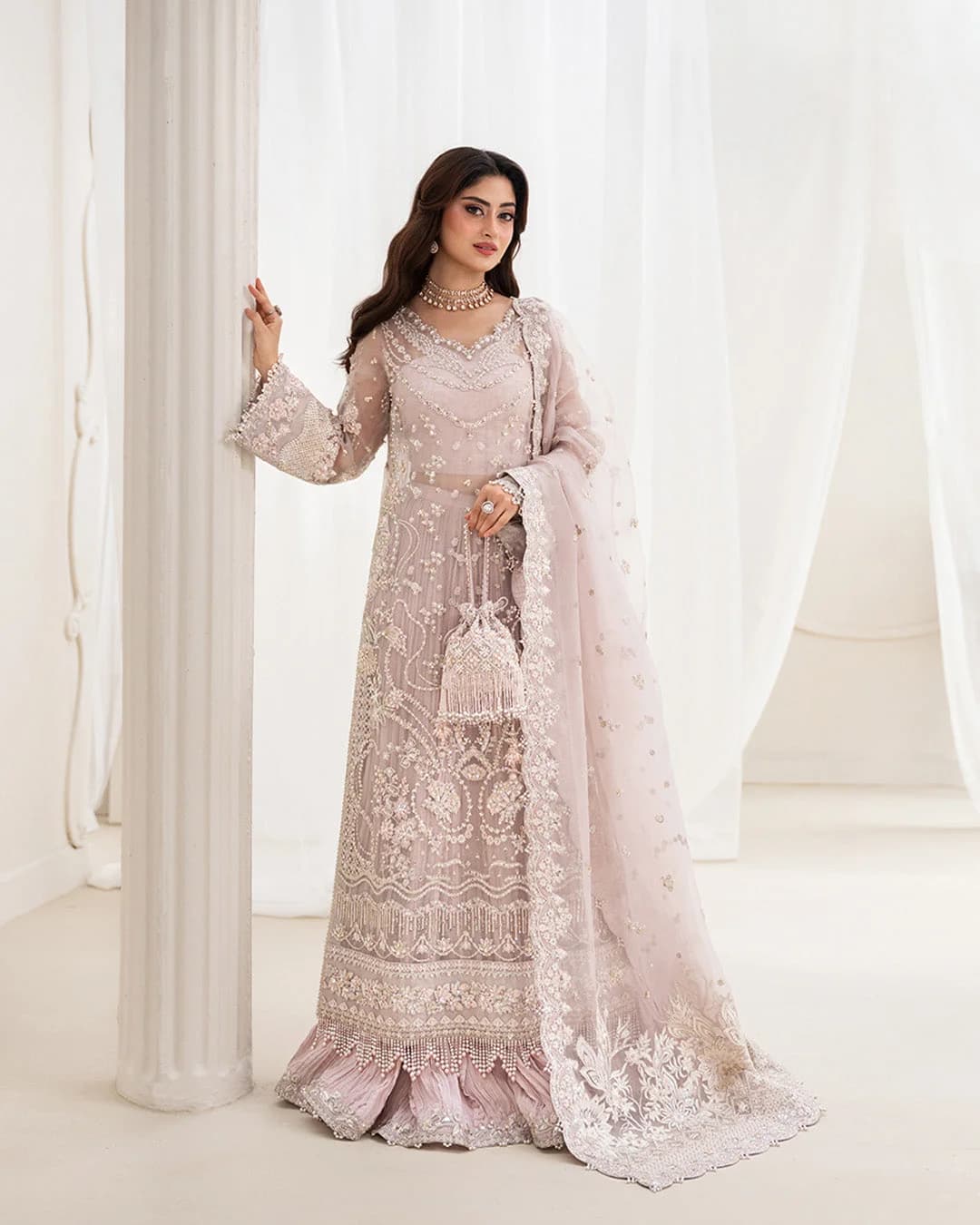Faiza Saqlain Ela Hand Embellished Organza Party Wear Gharara – Model Front View Faiza Saqlain Ela Hand Embellished Organza Party Wear Gharara - Model Front Look | Pakistani Designer Replica Wholesale | IQNAZ