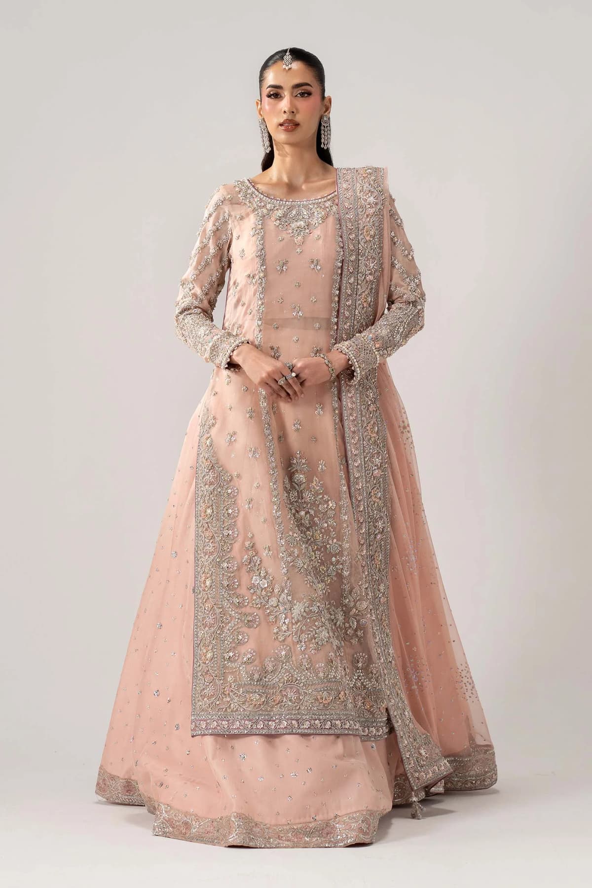 Maria B Hand Embellished Organza Party Wear Suit – Model Front View Maria B Hand Embellished Organza Party Wear Suit - Model Front Look | Pakistani Designer Replica Wholesale | IQNAZ