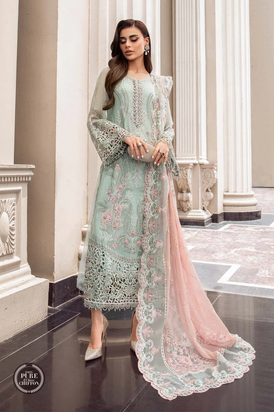 Maria B Mpc Mint Embroidered Chiffon Party Wear Suit – Model Front View Maria B Mpc Mint Embroidered Chiffon Party Wear Suit - Model Front Look | Pakistani Designer Replica Wholesale | IQNAZ