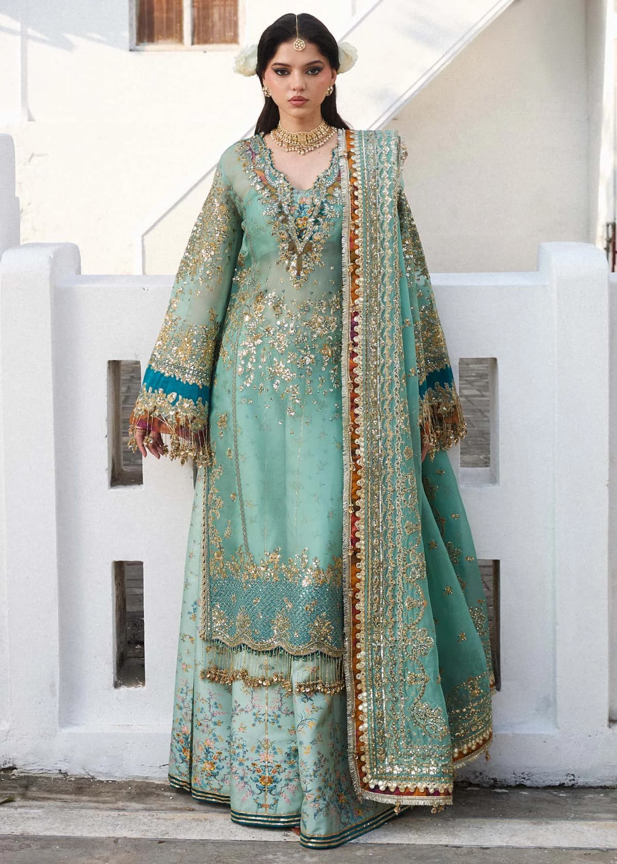 Hussain Rehar Embroidered Organza Party Wear Suit – Model Front View Hussain Rehar Embroidered Organza Party Wear Suit - Model Front Look | Pakistani Designer Replica Wholesale | IQNAZ