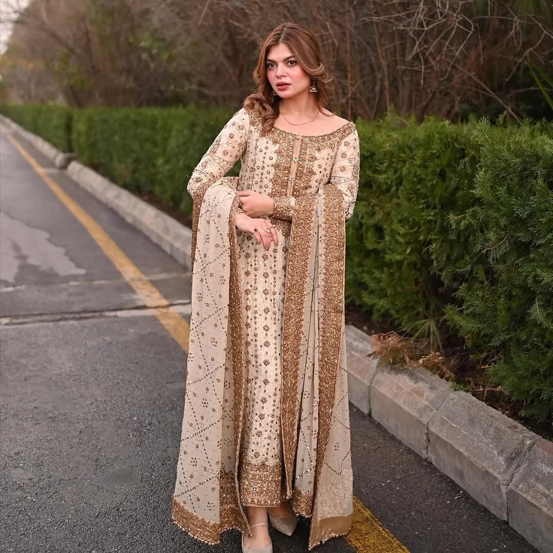 Haris Shakeel Hand Embellished Chiffon Party Wear Suit – Model Front View Haris Shakeel Hand Embellished Chiffon Party Wear Suit - Model Front Look | Pakistani Designer Replica Wholesale | IQNAZ