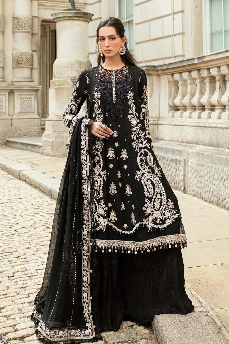 Maria B Embroidered Silk Party Wear Suit – Model Front View Maria B Embroidered Silk Party Wear Suit - Model Front Look | Pakistani Designer Replica Wholesale | IQNAZ