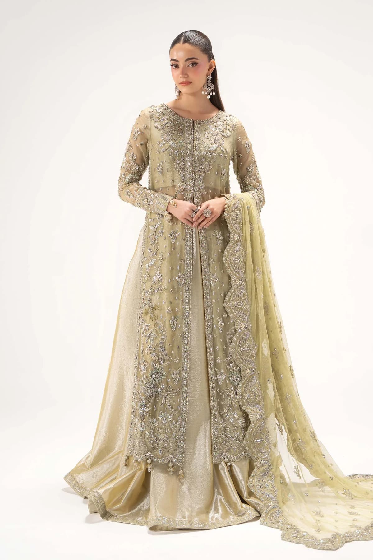 Maria B Embroidered Organza Party Wear Suit – Model Front View Maria B Embroidered Organza Party Wear Suit - Model Front Look | Pakistani Designer Replica Wholesale | IQNAZ