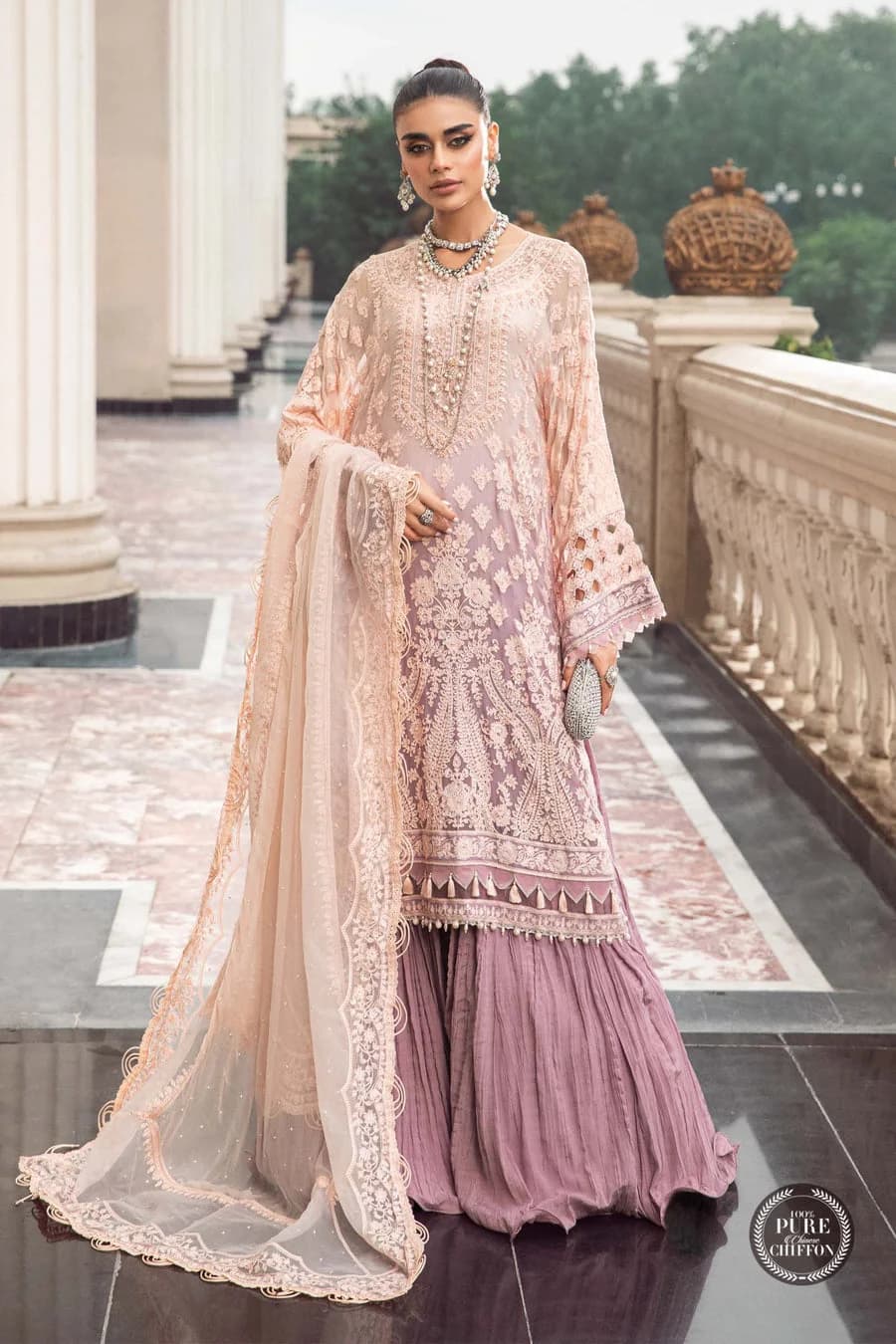Maria B Mpc Lilac Embroidered Chiffon Party Wear Suit – Model Front View Maria B Mpc Lilac Embroidered Chiffon Party Wear Suit - Model Front Look | Pakistani Designer Replica Wholesale | IQNAZ
