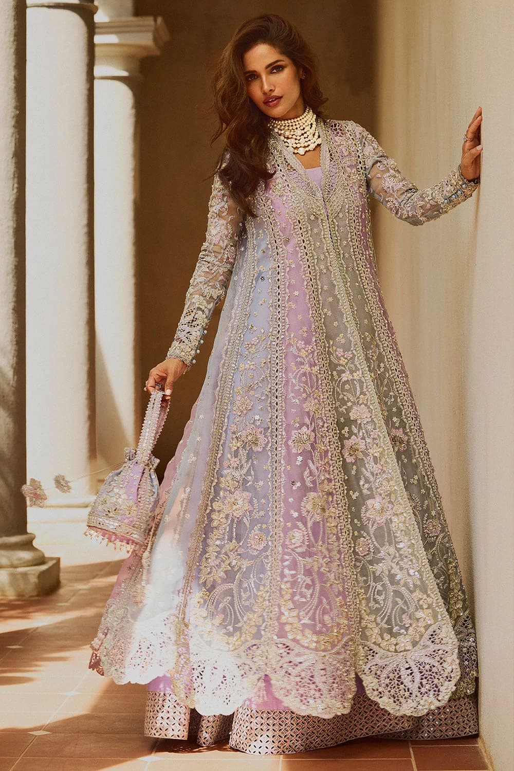 Soraya Orchid Hand Embellished Organza Party Wear Suit – Model Front View Soraya Orchid Hand Embellished Organza Party Wear Suit - Model Front Look | Pakistani Designer Replica Wholesale | IQNAZ