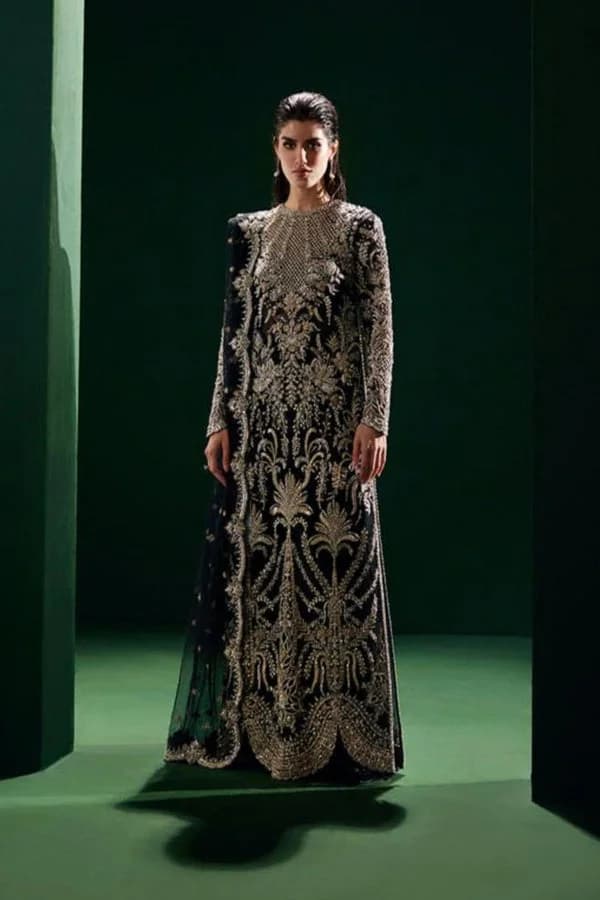 Soraya Eclat Embroidered Net Party Wear Suit – Model Front View Soraya Eclat Embroidered Net Party Wear Suit - Model Front Look | Pakistani Designer Replica Wholesale | IQNAZ