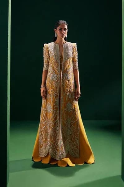 Soraya Monarch Embroidered Silk Party Wear Suit – Model Front View Soraya Monarch Embroidered Silk Party Wear Suit - Model Front Look | Pakistani Designer Replica Wholesale | IQNAZ