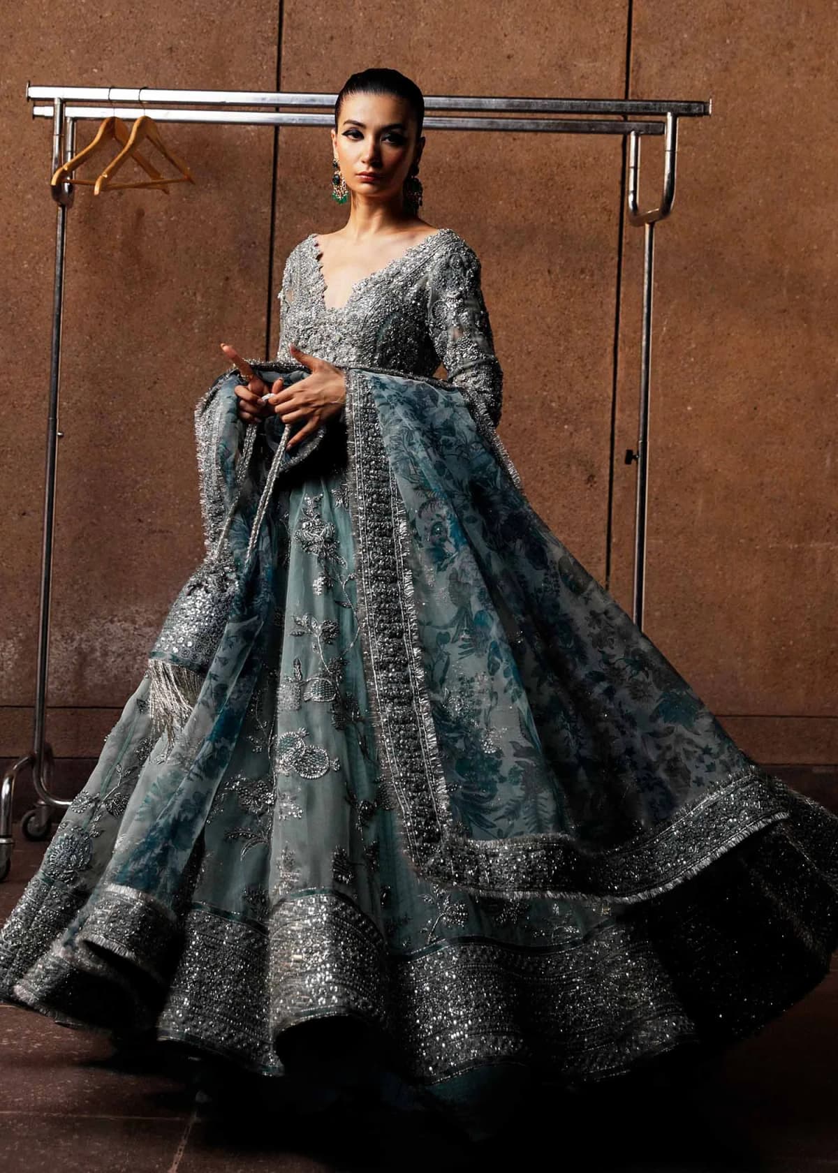 Hussain Rehar Hand Embellished Silk Party Wear Suit – Model Front View Hussain Rehar Hand Embellished Silk Party Wear Suit - Model Front Look | Pakistani Designer Replica Wholesale | IQNAZ