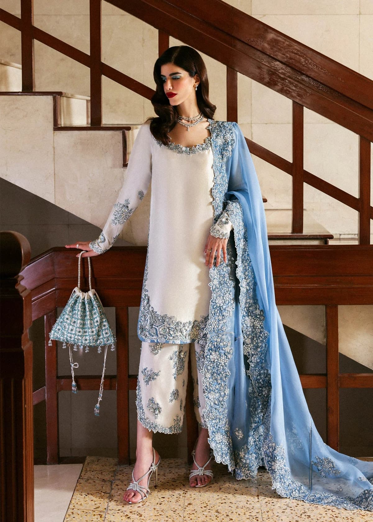Hussain Rehar Embroidered Organza Party Wear Suit – Model Front View Hussain Rehar Embroidered Organza Party Wear Suit - Model Front Look | Pakistani Designer Replica Wholesale | IQNAZ