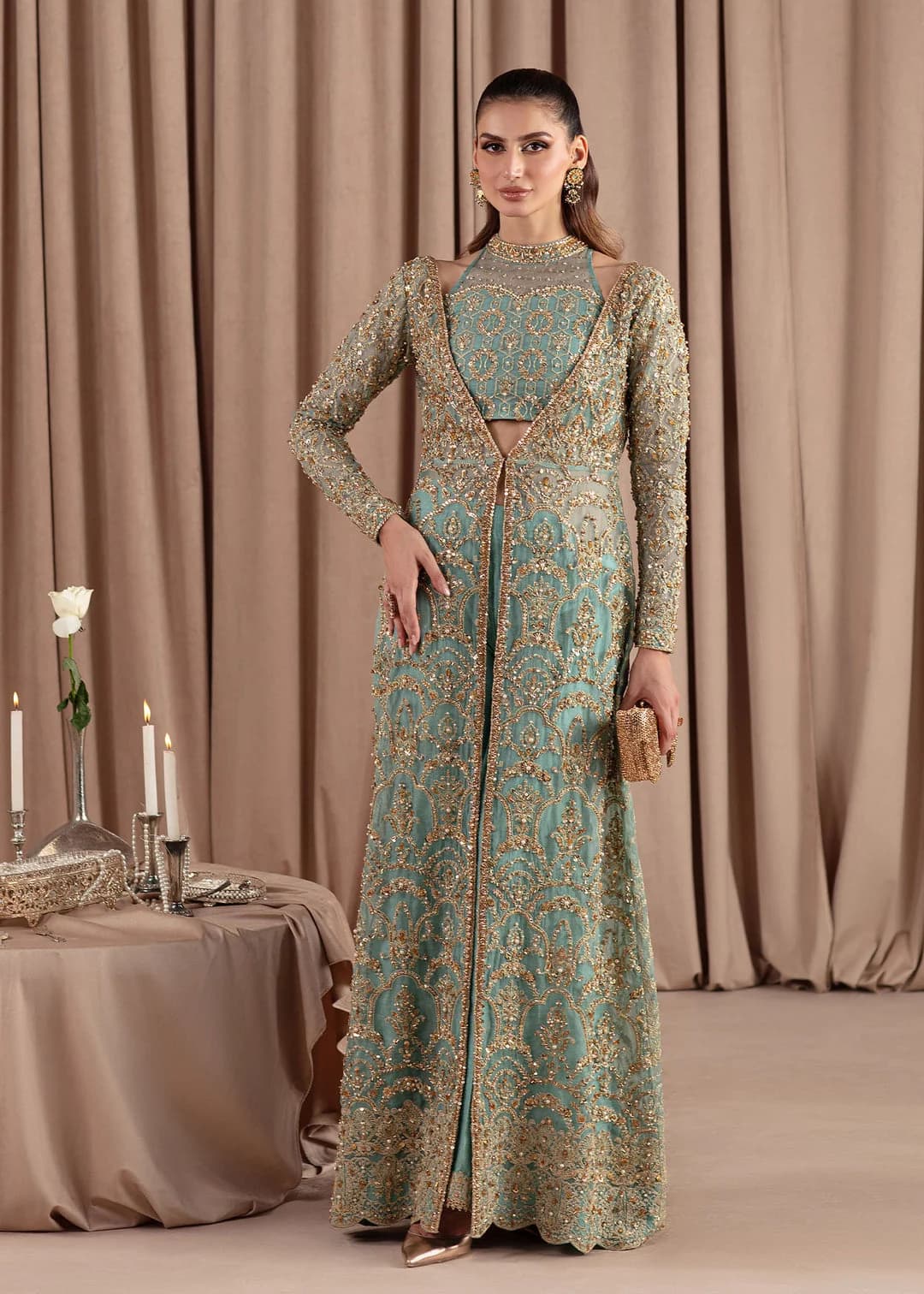 Kanwal Malik Aquamarine Embroidered Organza Party Wear Suit – Model Front View Kanwal Malik Aquamarine Embroidered Organza Party Wear Suit - Model Front Look | Pakistani Designer Replica Wholesale | IQNAZ
