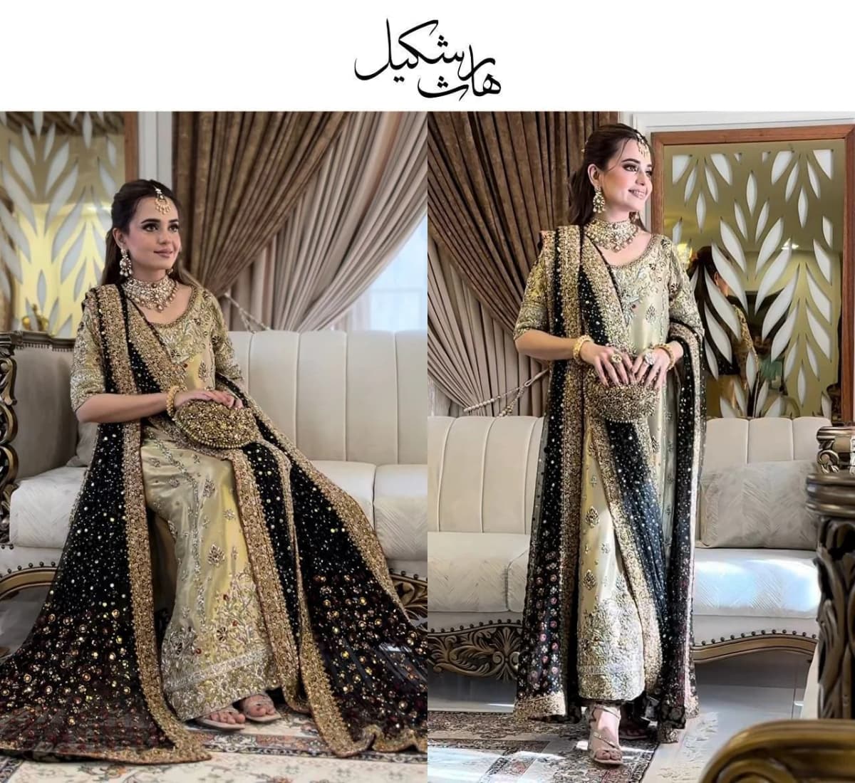 Haris Shakeel Embroidered Silk Party Wear Suit – Model Front View Haris Shakeel Embroidered Silk Party Wear Suit - Model Front Look | Pakistani Designer Replica Wholesale | IQNAZ