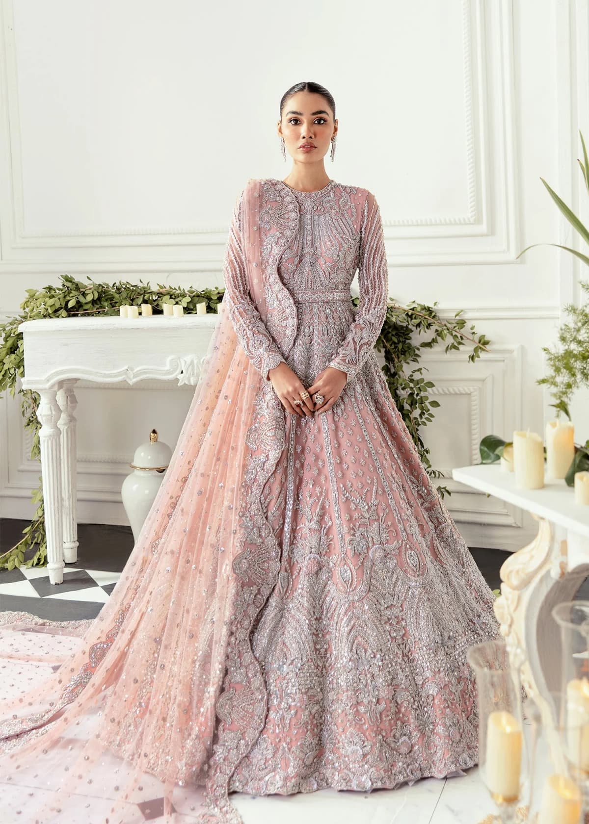 Akbar Aslam Hand Embellished Organza Party Wear Suit – Model Front View Akbar Aslam Hand Embellished Organza Party Wear Suit - Model Front Look | Pakistani Designer Replica Wholesale | IQNAZ